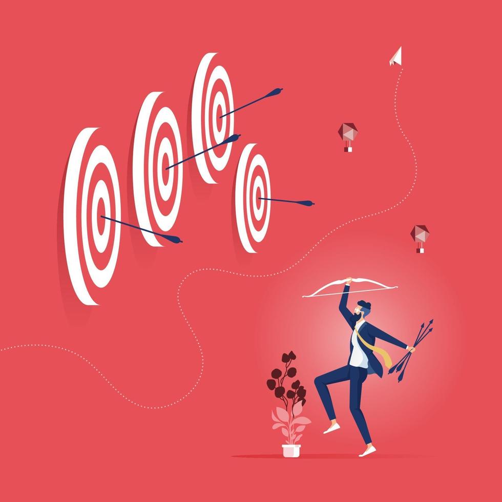 Successful businessman hits many target with bow and arrow. Business success concept vector