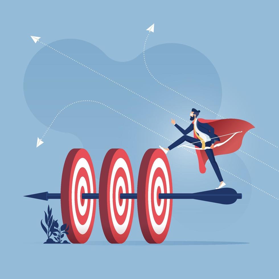 Successful businessman hits many targets with bow and arrow. Business success concept vector