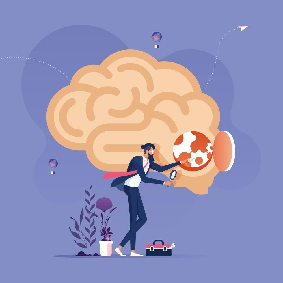 Idea Research Concept. Businessman with magnifying glass looking inside a brain vector