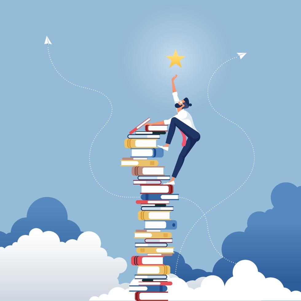 Businessman reaches out for stars using books vector