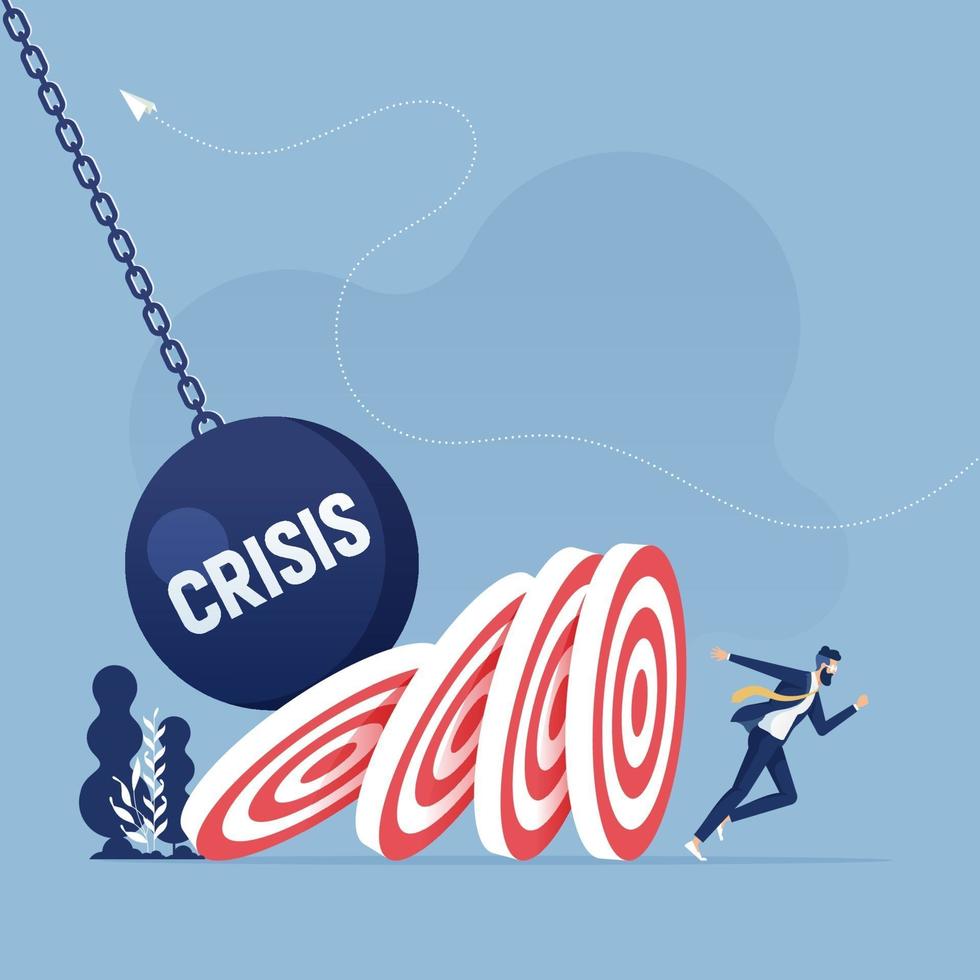 Businessman escaping from falling target, domino effect. Business crisis concept vector