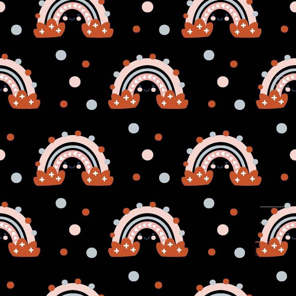 Cute seamless vector pattern with hand drawn scandinavian rainbows and polka dot elements