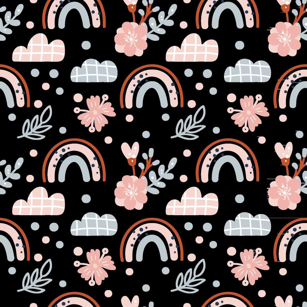 Cute spring seamless vector pattern with hand drawn scandinavian rainbows and polka dot elements with flower branches summer