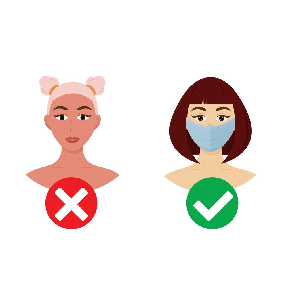 Sign You are not allowed to enter without a mask Warning about wearing a mask in public places A girl with and without a mask vector