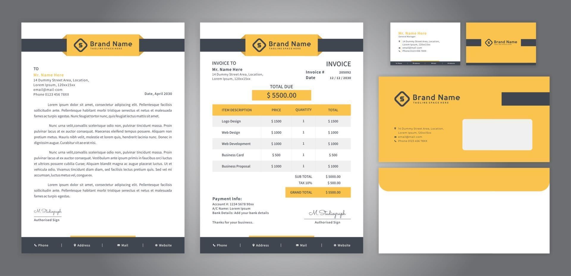 Yellow design corporate identity including letterhead invoice business card  and envelope vector