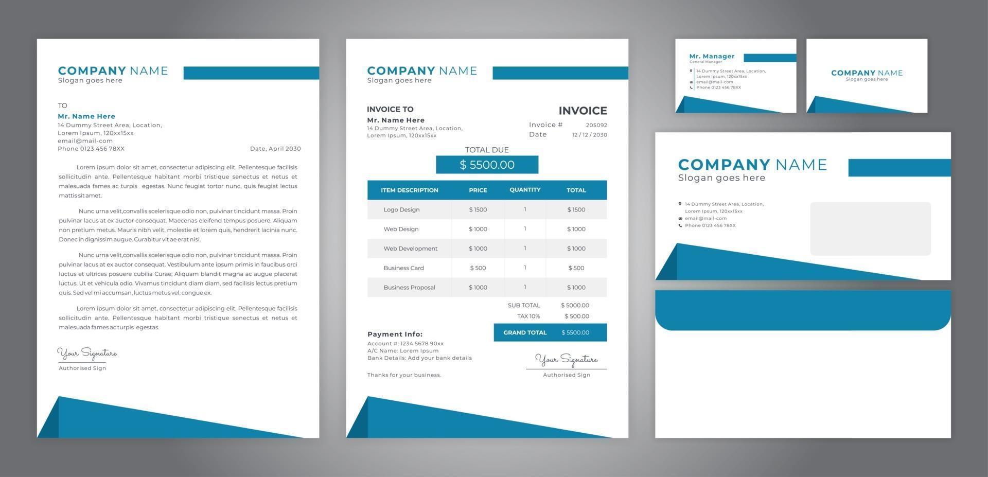 Simple blue corporate identity including letterhead invoice business card  and envelope vector