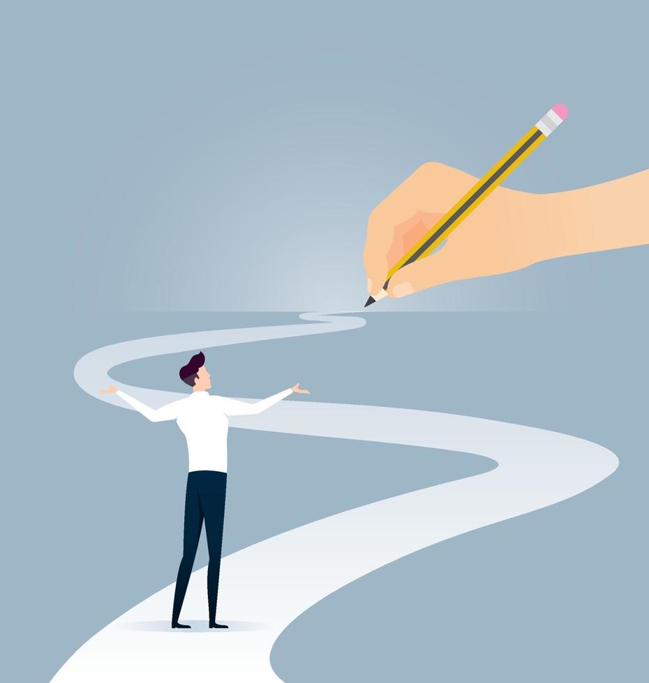 Hand holding pencil. Concept of the path to business success at choose your own vector