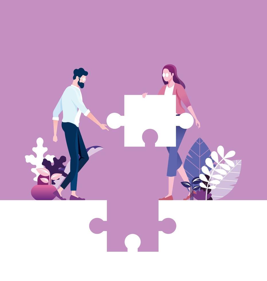 Completion mission concept. Businesswoman putting last puzzle in jigsaw vector