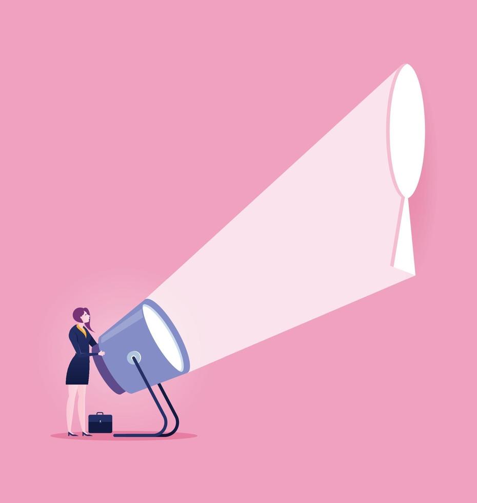 Keyhole. Businesswoman with flashlight and keyhole. Business concept vector