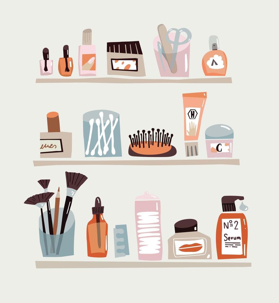 Bathroom shelf with cosmetics and make up vector
