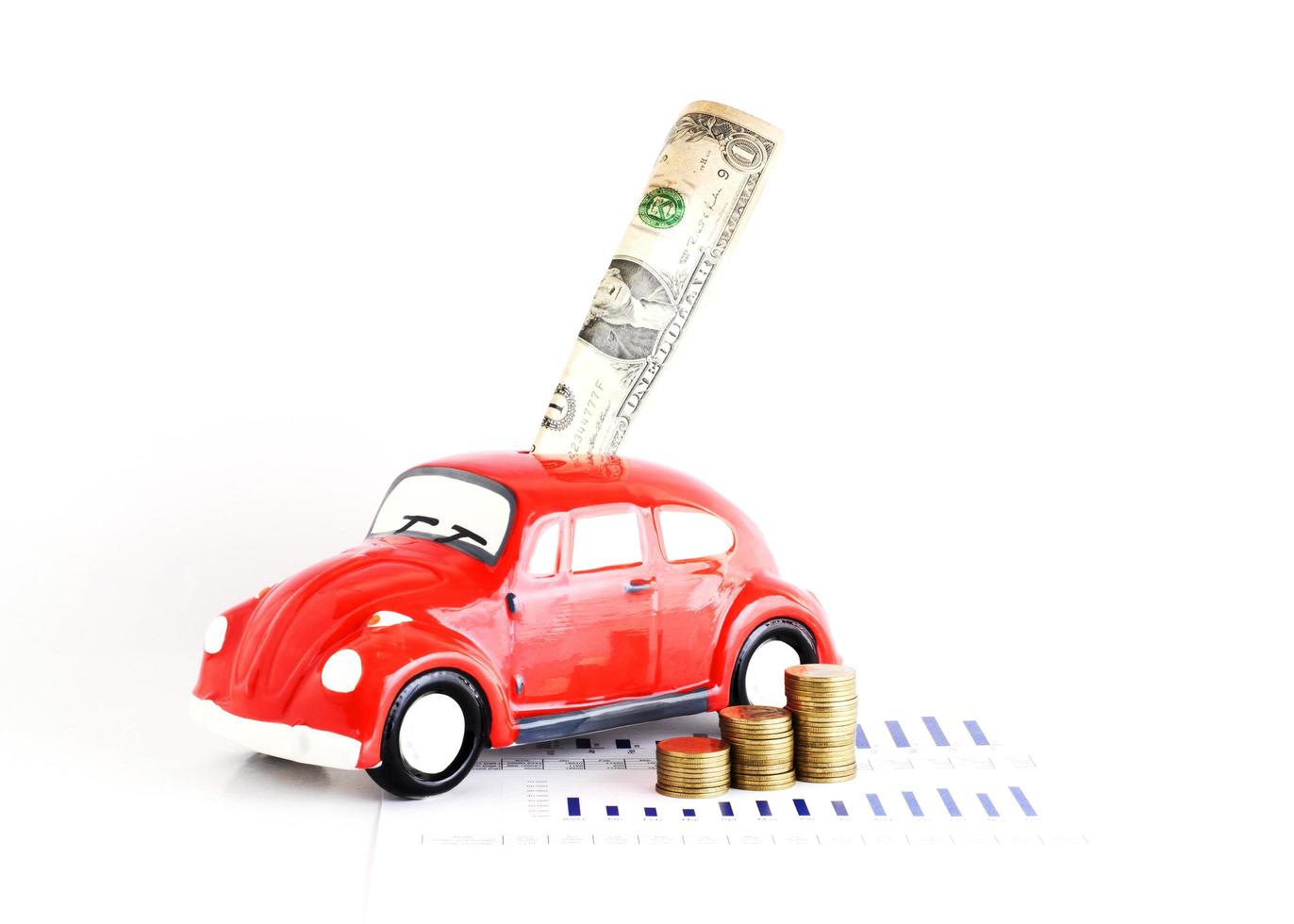 Dollar banknote into car bank and coins stack for loan money concept photo