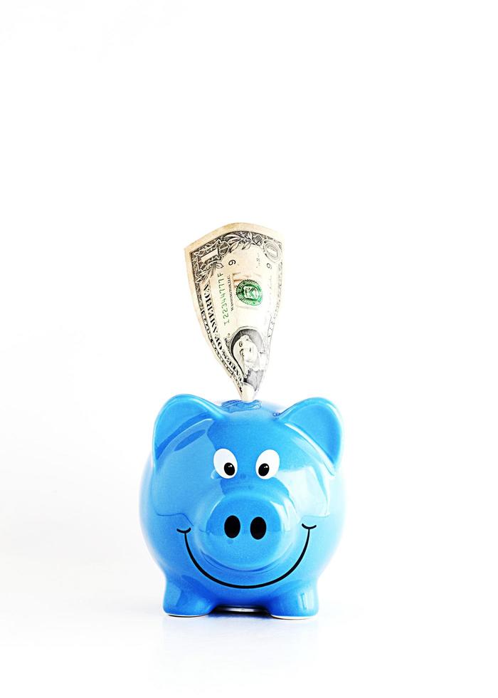 Blue piggy bank and dollar banknote for saving money concept photo