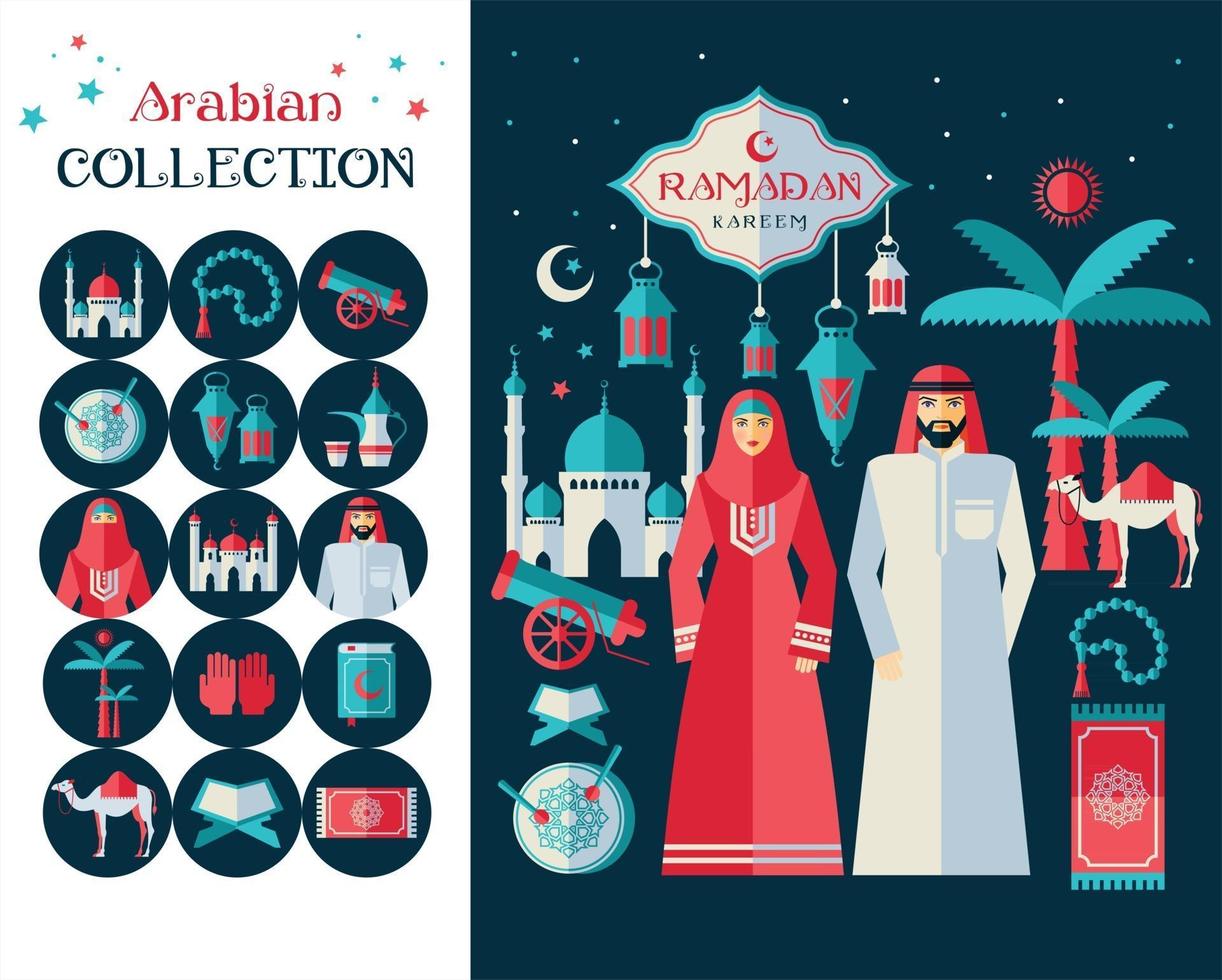 Ramadan Kareem icons set of Arabian. Flat design. vector