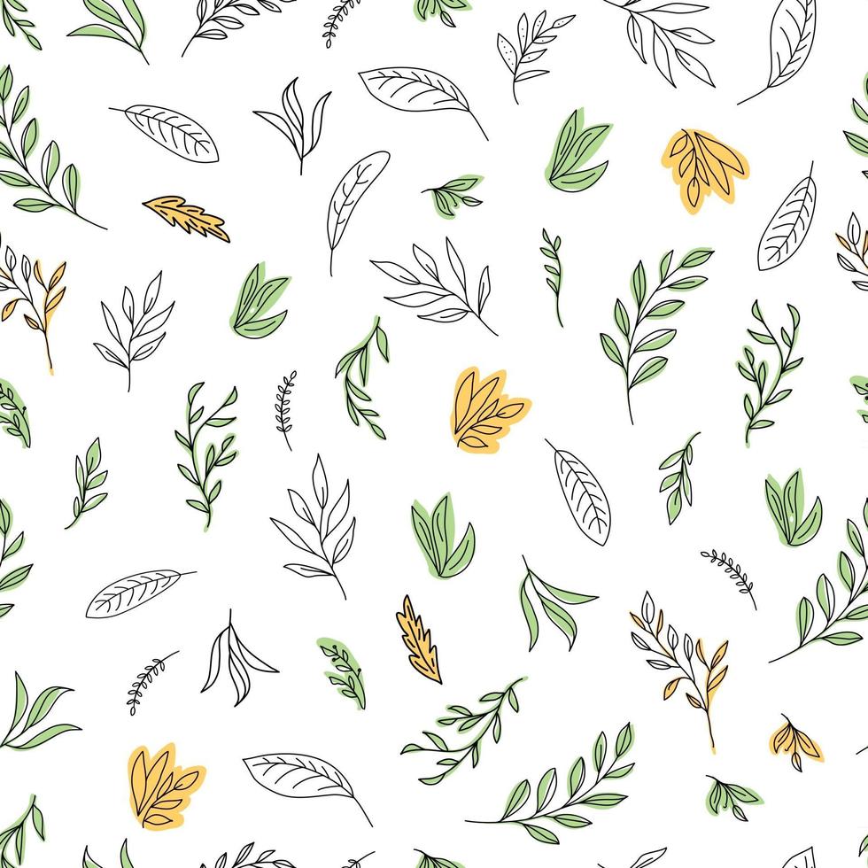 Simple hand-painted line art vector illustration with leaves. The seamless natural pattern for wallpaper, wrapping paper, surface design.