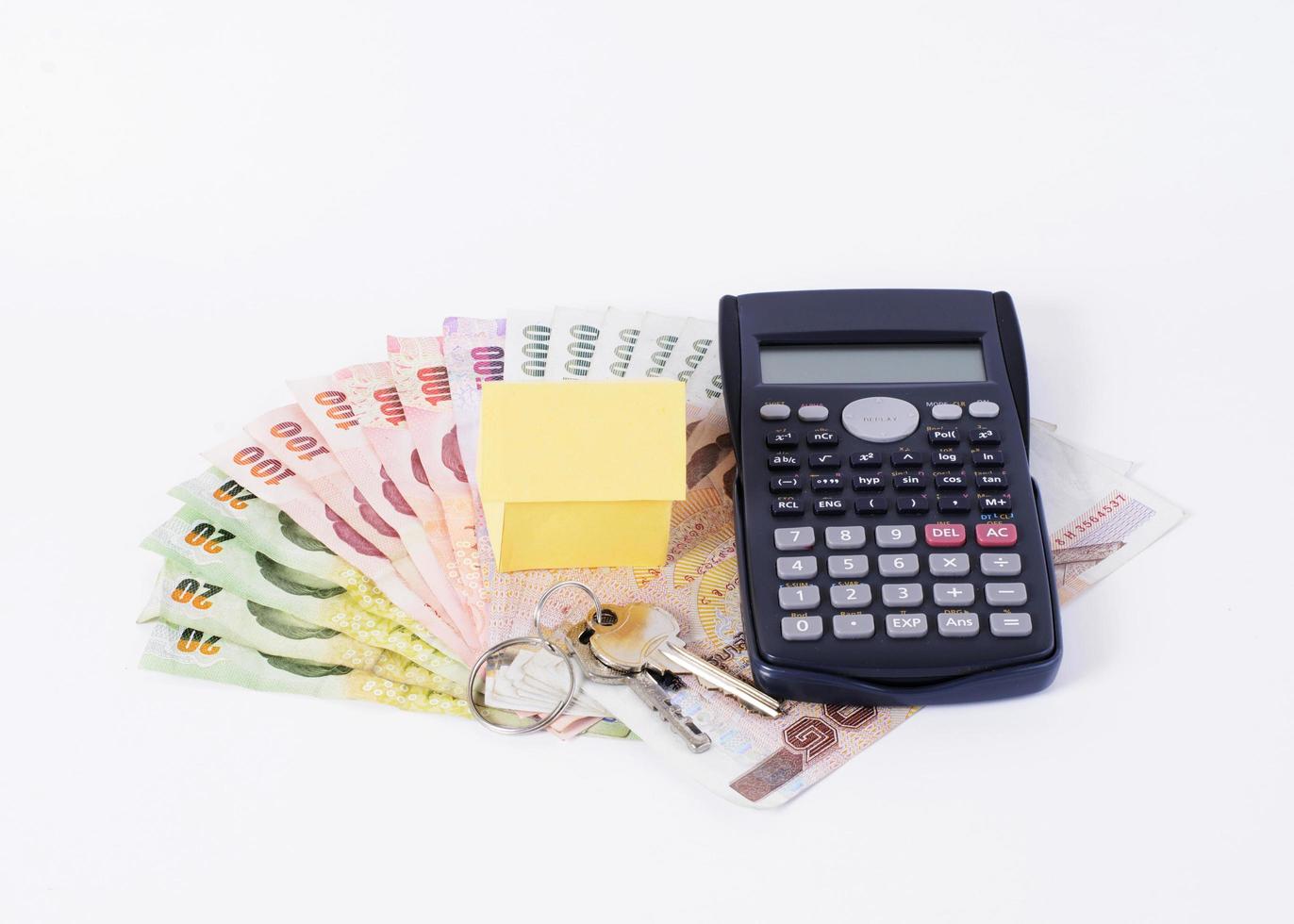 Calculator and home paper with keys and Thai money banknote for loans concept photo