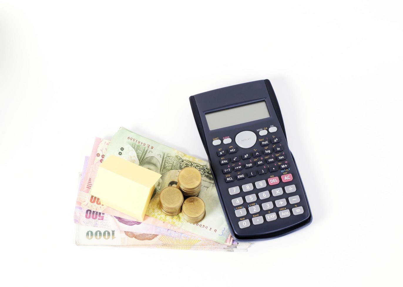 Calculator and home paper with Thai money banknotes for loans concept photo