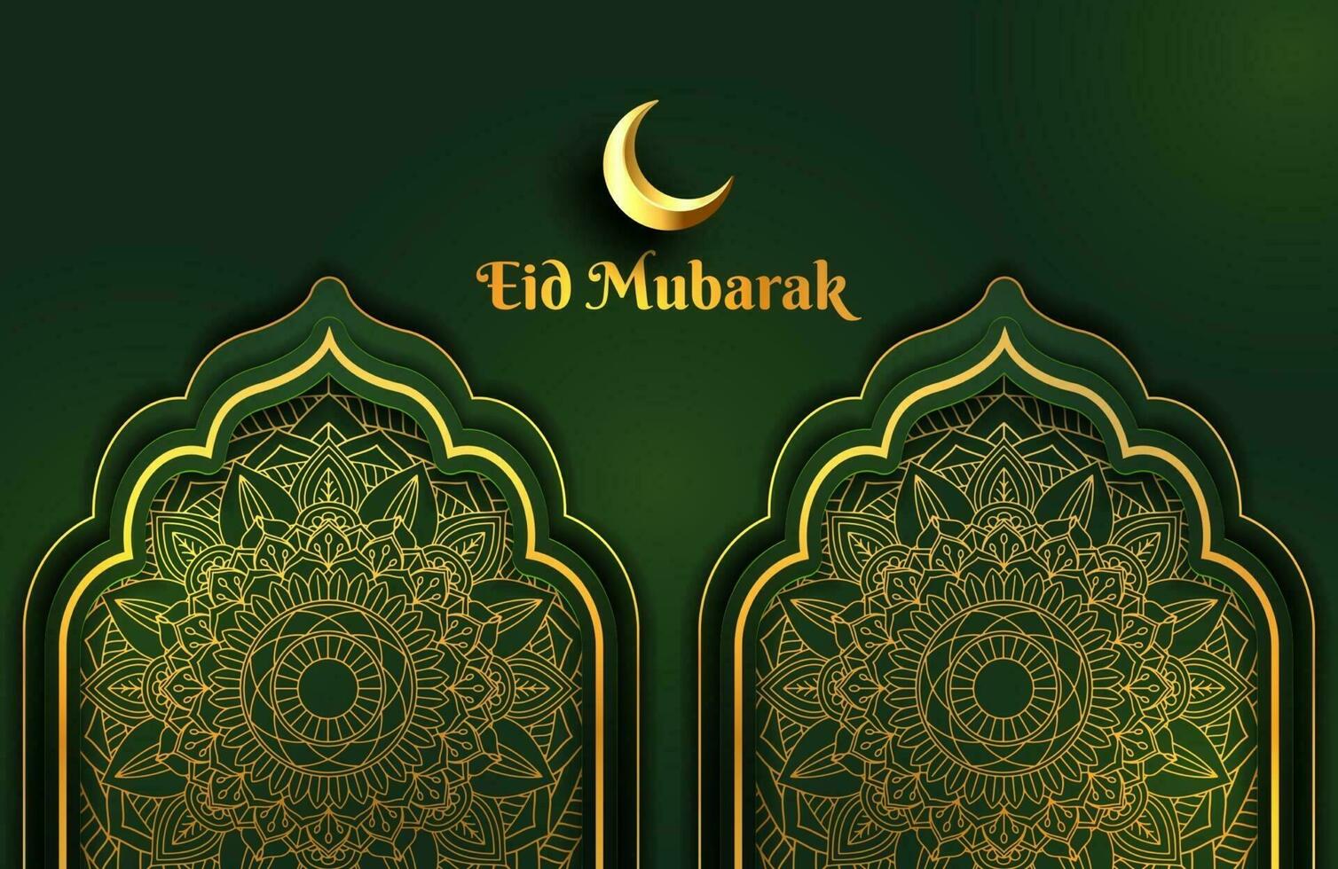 Banner de fondo verde oscuro y dorado de lujo con adorno de mandala arabesco islámico plantilla de diseño de eid mubarak vector