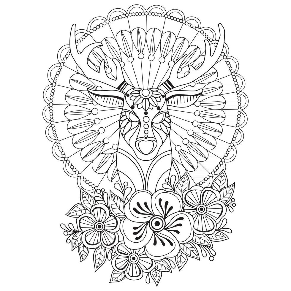 Deer with flower Hand drawn sketch for adult colouring book vector