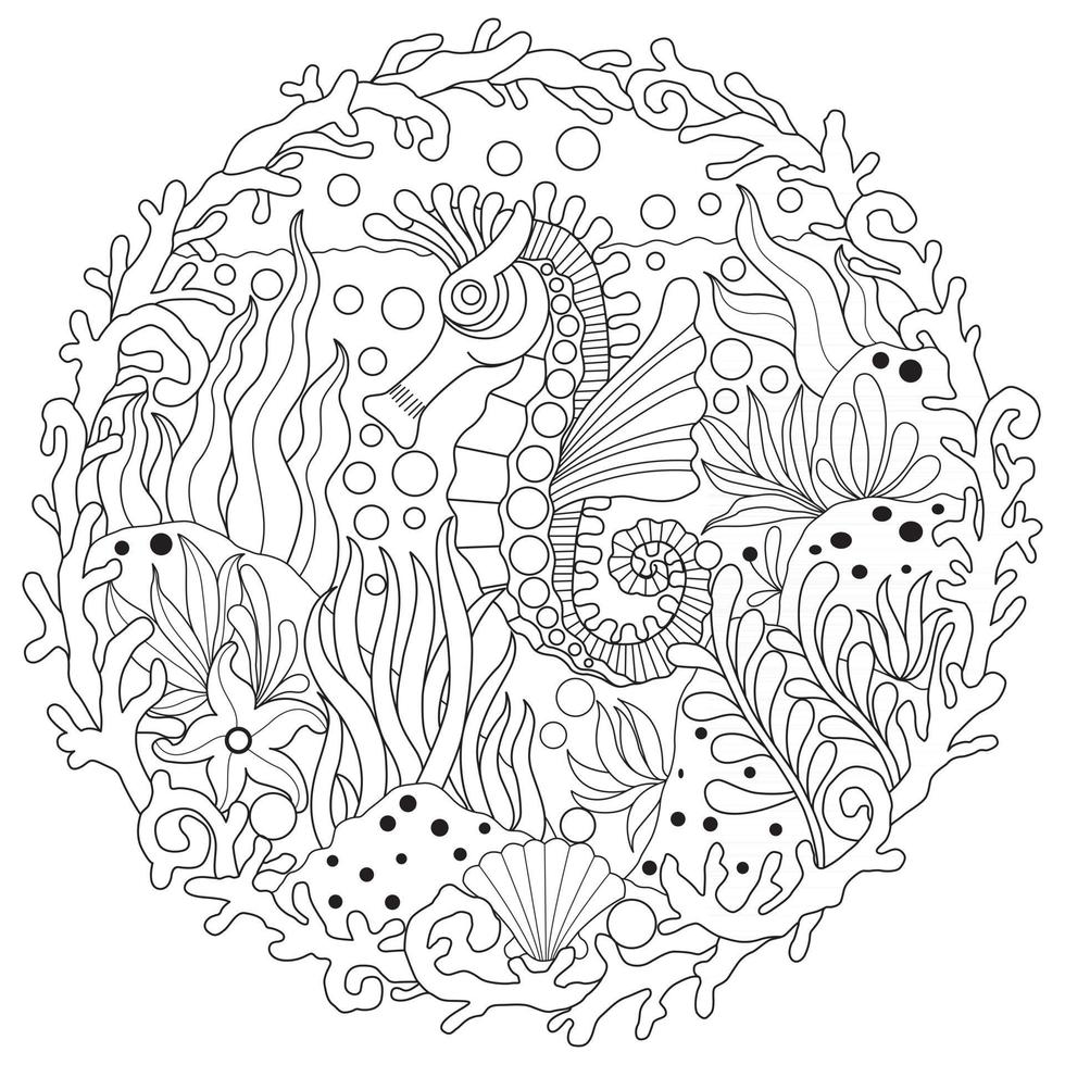 Sea horse Under the sea Hand drawn sketch for adult colouring book vector