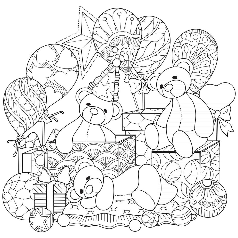 Bear doll and gift box Hand drawn sketch for adult colouring book vector