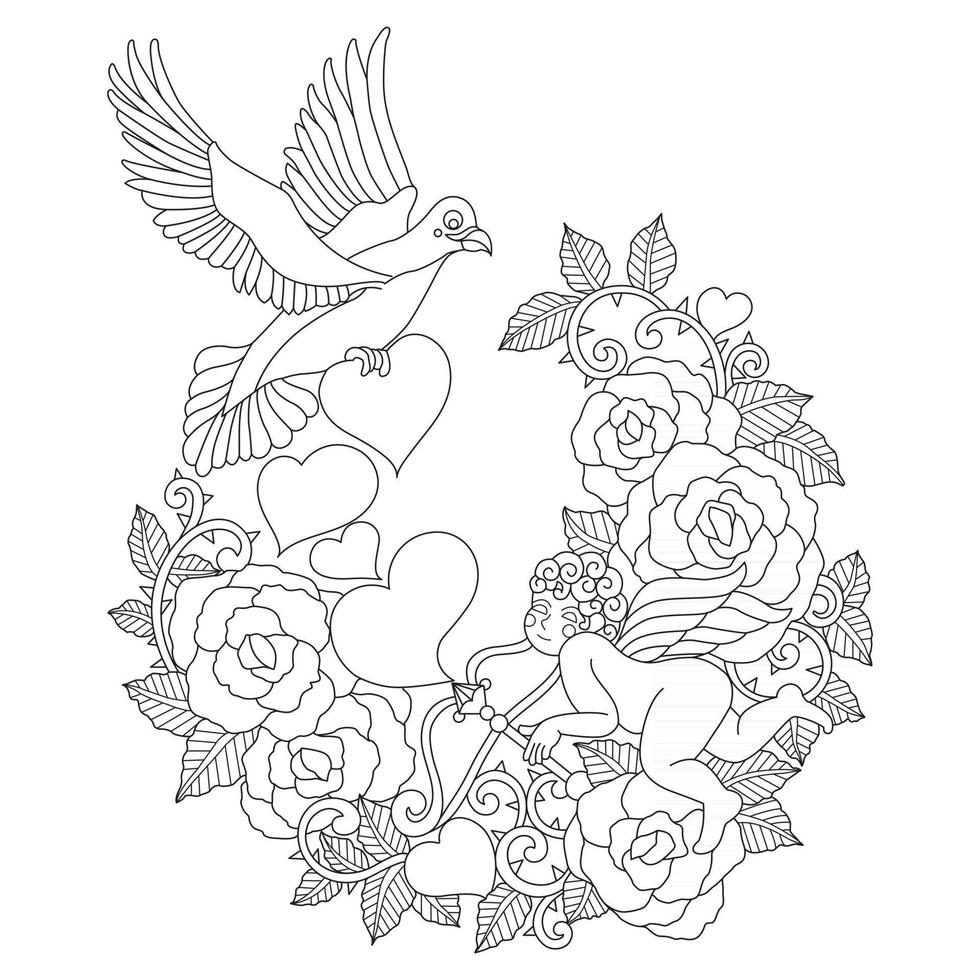 The pigeon with love Hand drawn sketch for adult colouring book vector