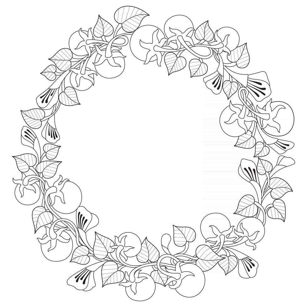 Tomato design wreath Hand drawn sketch for adult colouring book vector
