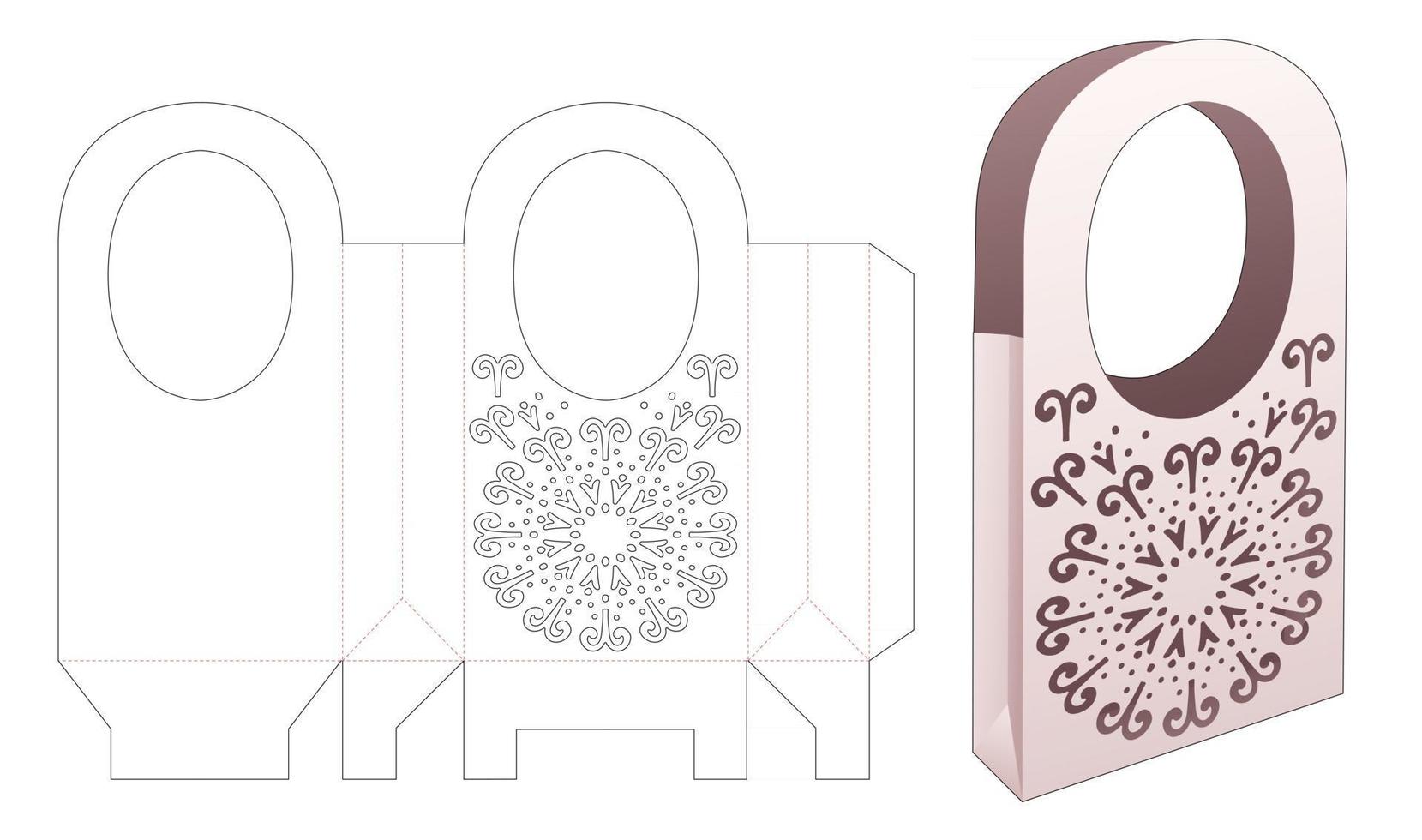 Cardboard handle bag with mandala stencil die cut template vector