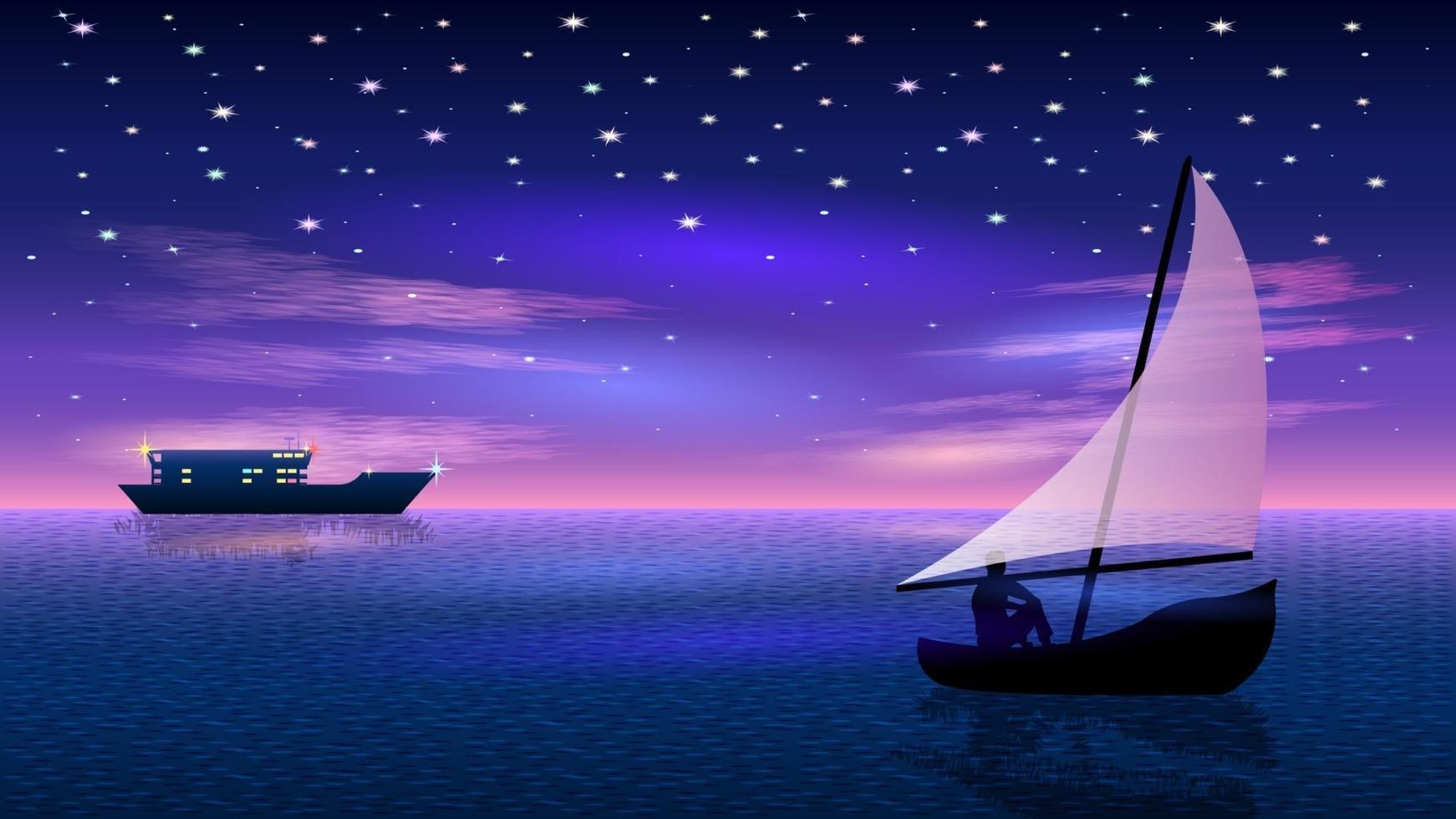 man in boat silhouette night seascape vector