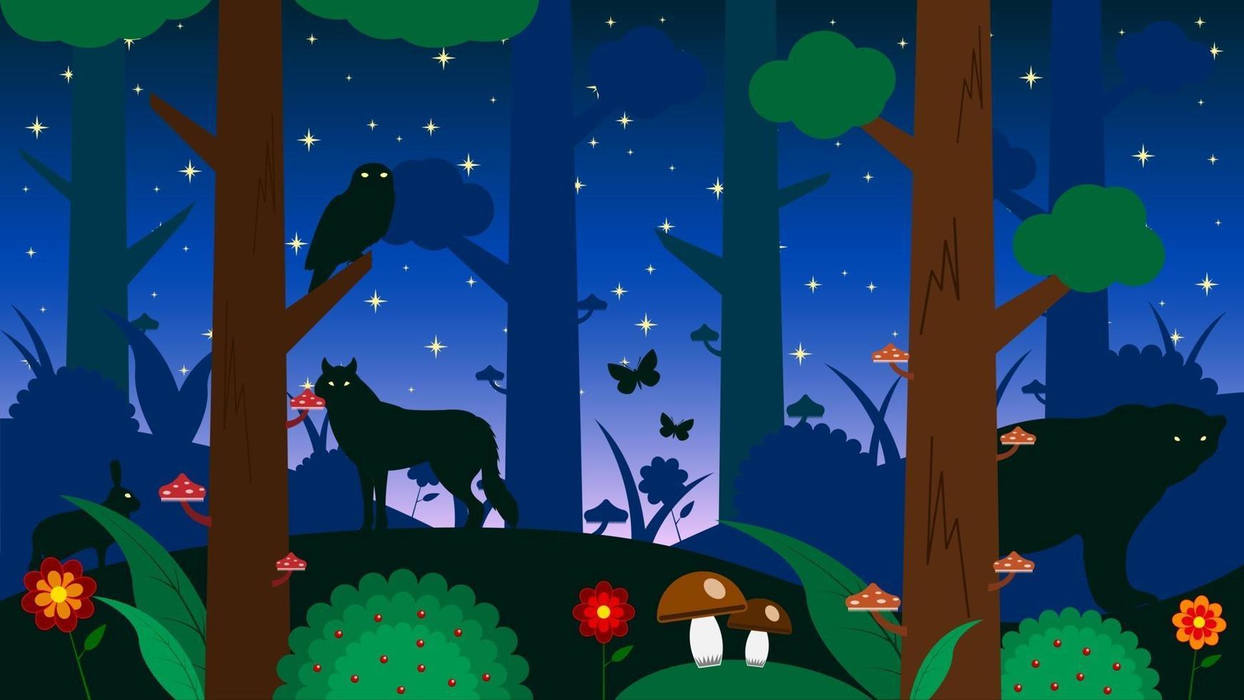 bosque en la noche animales silueta dibujos animados antecedentes vector