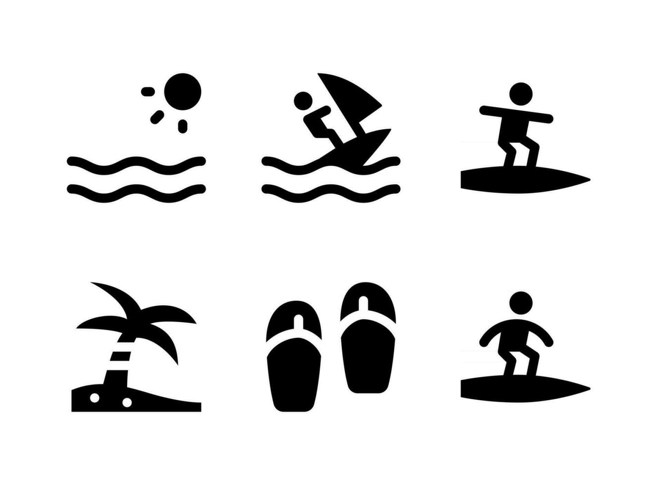 conjunto simple de iconos sólidos vectoriales relacionados con el surf vector