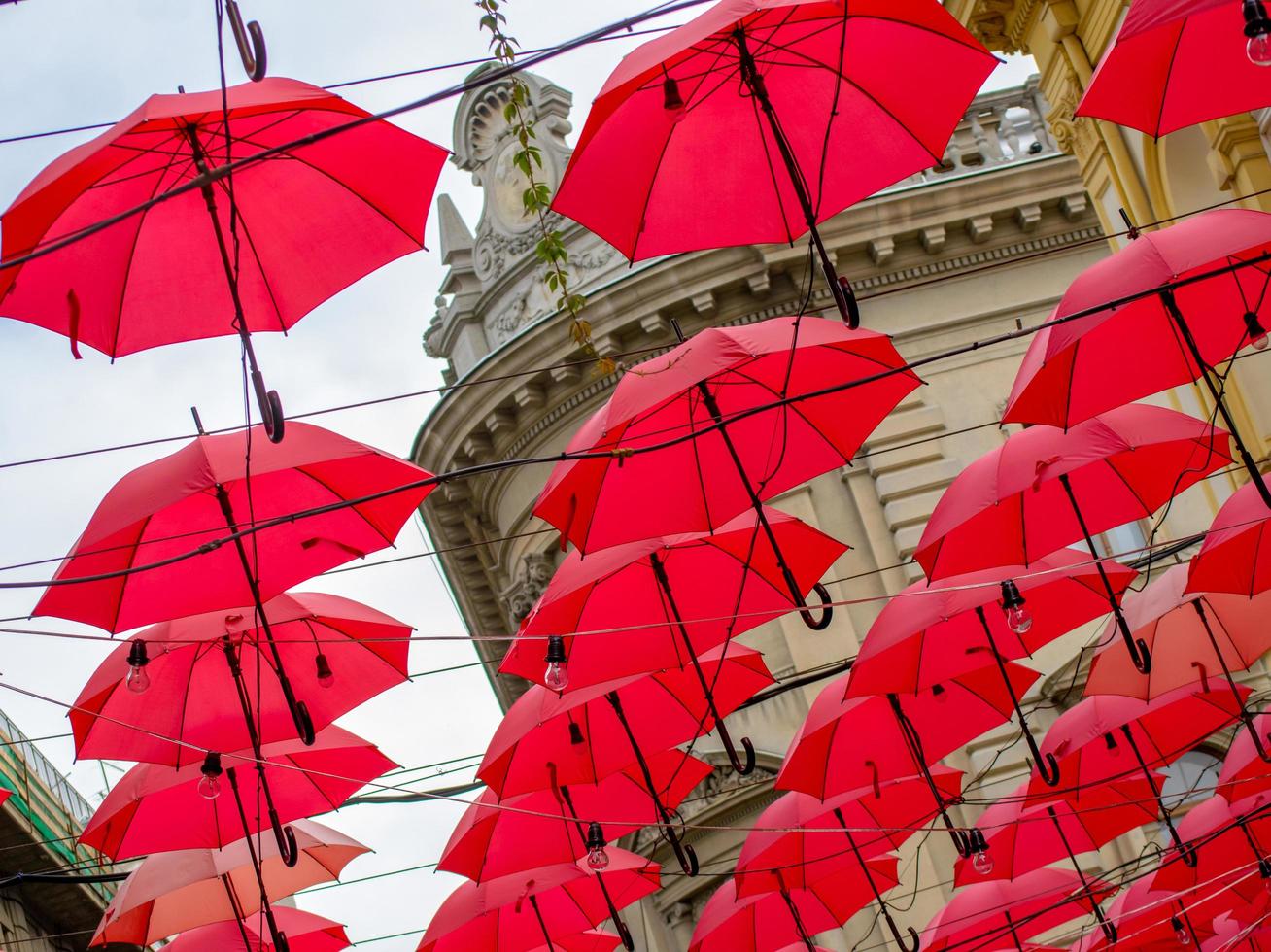 Many red umbrellas decoration in Serbia photo