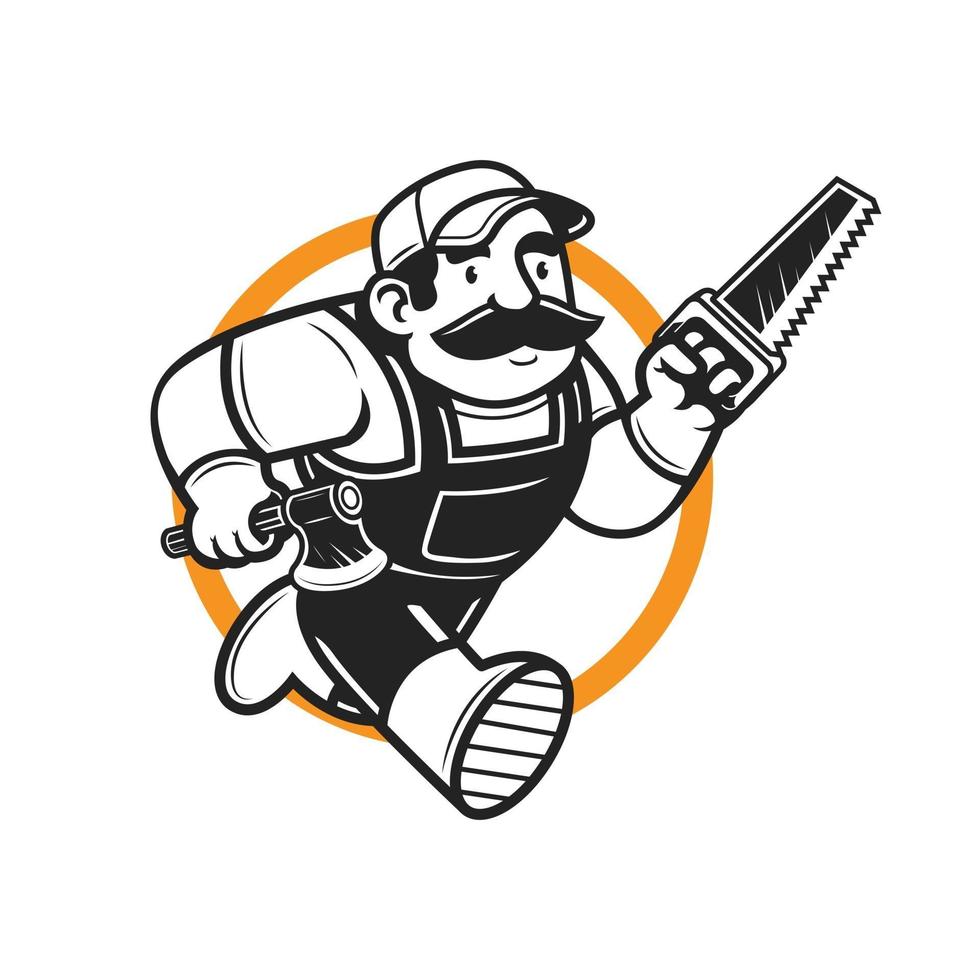 Running lumberjack mascot hold the axe and saw mascot logo character vector