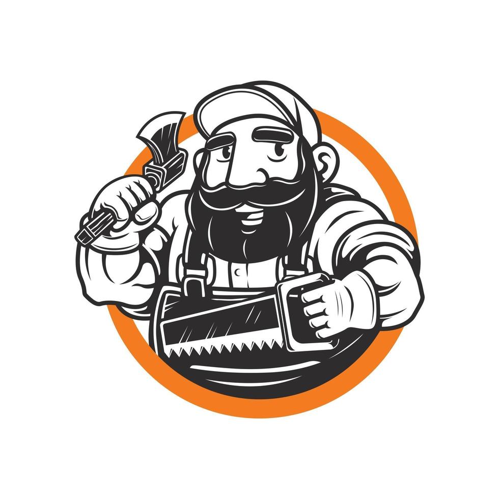 bearded lumberjack mascot hold the axe and saw vector