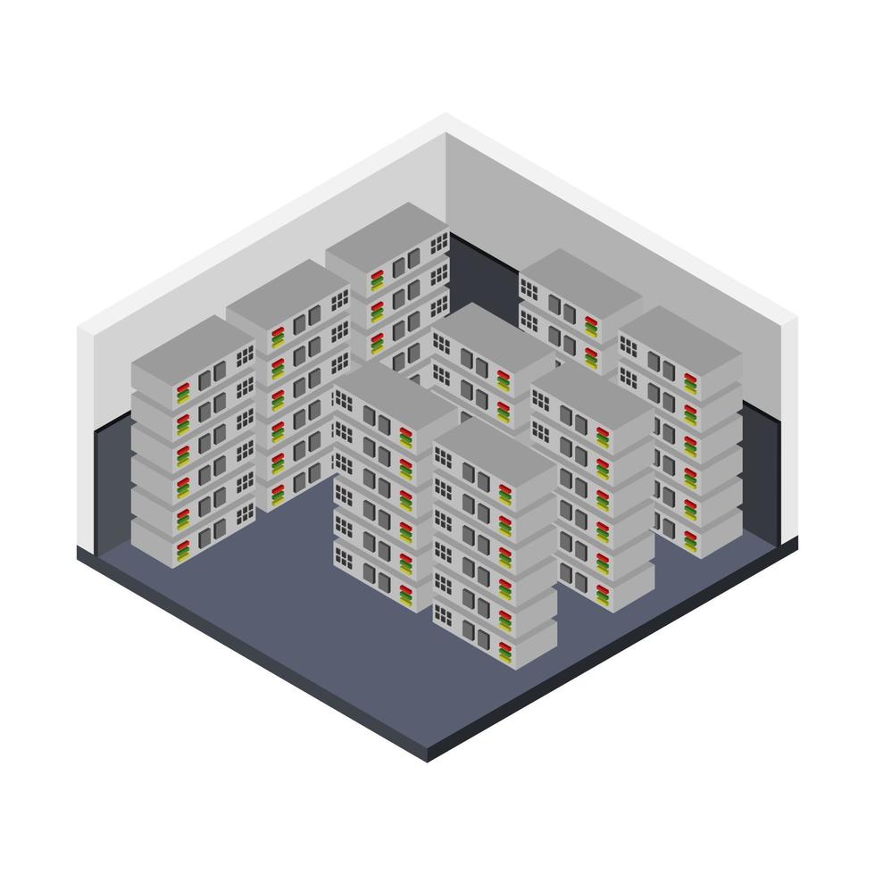 sala de servidores isométrica vector