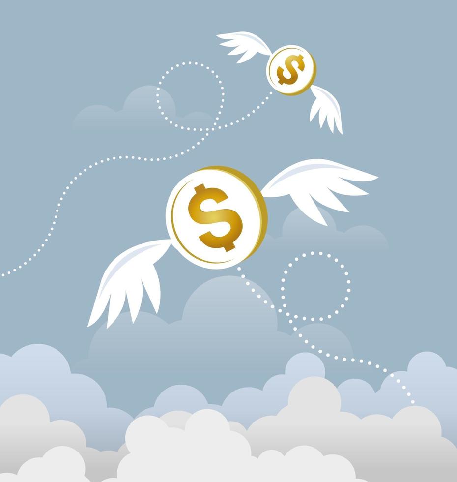 Coin dollars with wings flying in the sky. Lost money concept vector