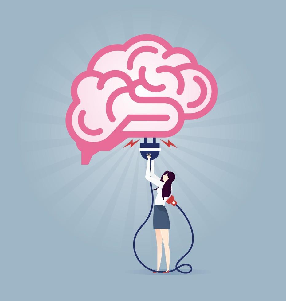 Charging idea brain or cloud computing concept, businessman with electrical plug plugging in the brain sign vector