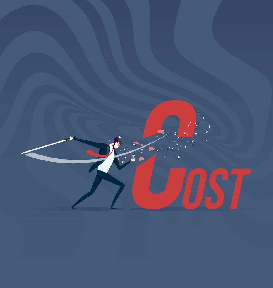 Cost cutting. Businessman cut, cost word with sword vector