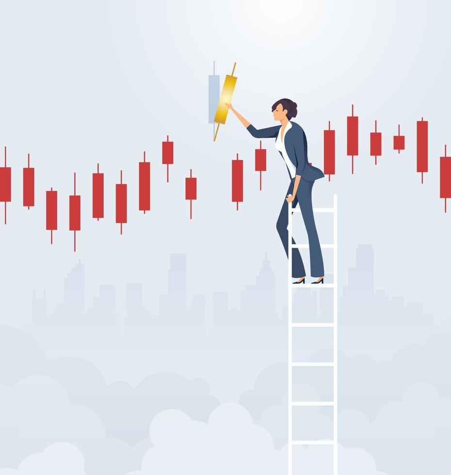 Businesswoman on ladder with candlestick chart vector