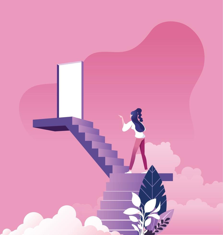 Businesswoman walking up staircase to door in sky vector