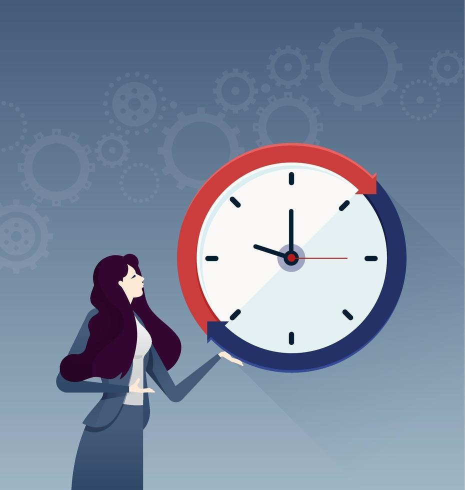 Businesswoman with a big clock. Business concept vector