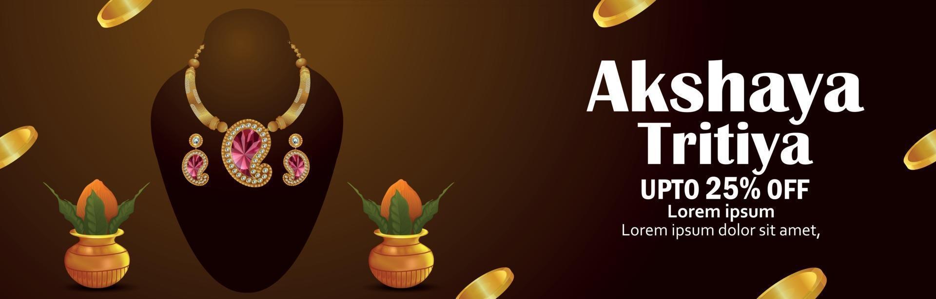 Akshaya tritiya celebration greeting card with golden necklace and gold coin vector