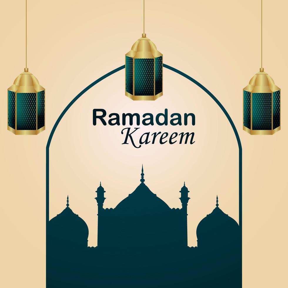 Tarjeta de felicitación de invitación al festival islámico de Ramadán Kareem con mezquita vector