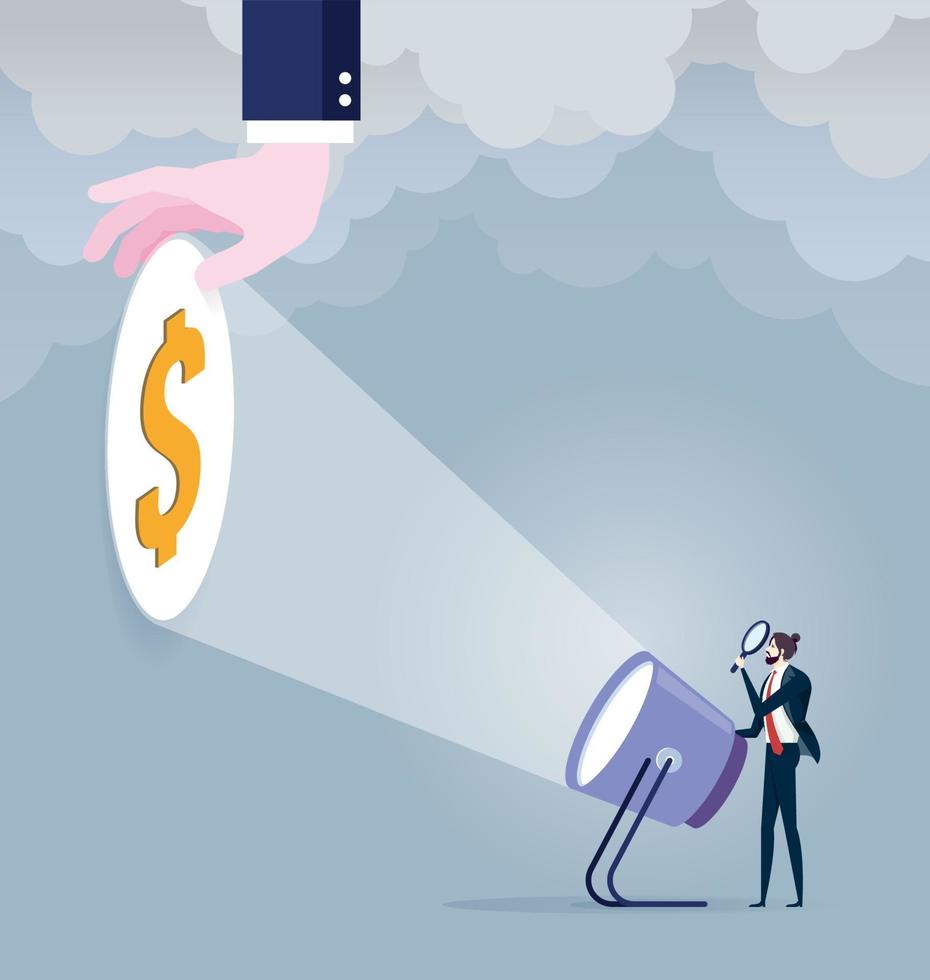 Businessman with flashlight and dollar sign vector