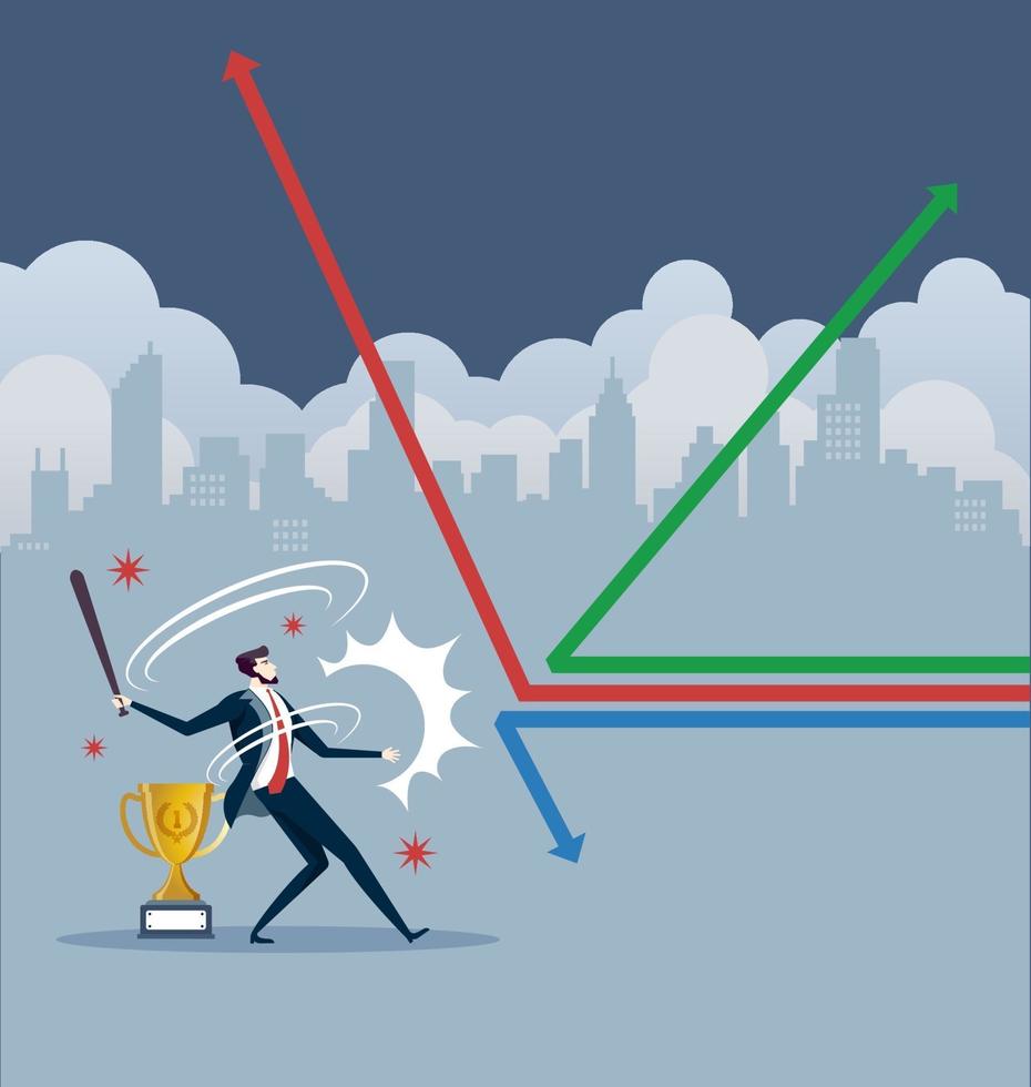 Businessman Swinging Baseball Bat and hitting the arrow. Business concept vector