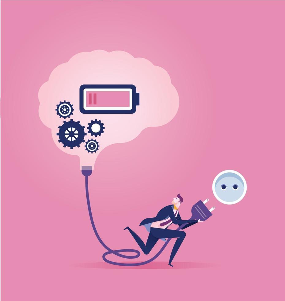 Connection. Businessman switching on a brain. Business concept vector illustration