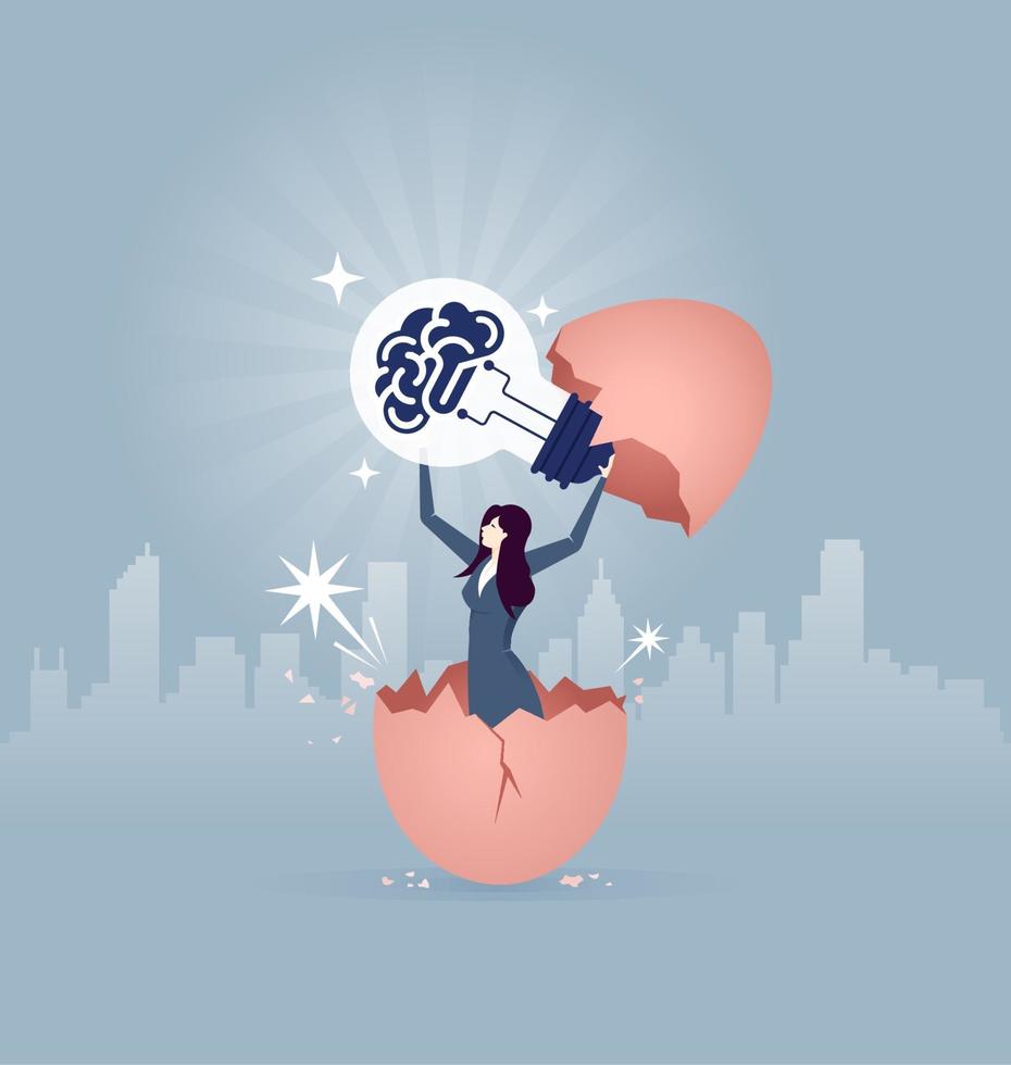 Businesswoman holding a big idea light bulb and breaking out of a giant egg shell vector