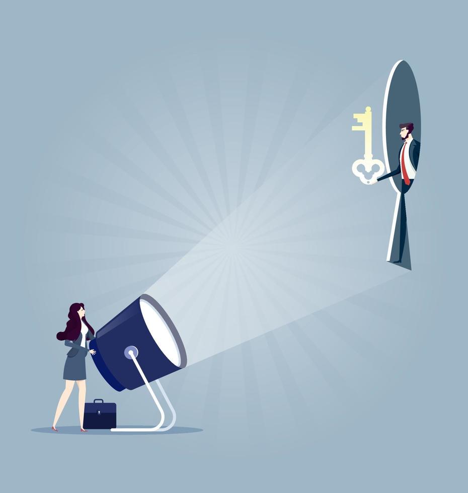 Keyhole. Businesswoman with flashlight and keyhole. Business concept vector