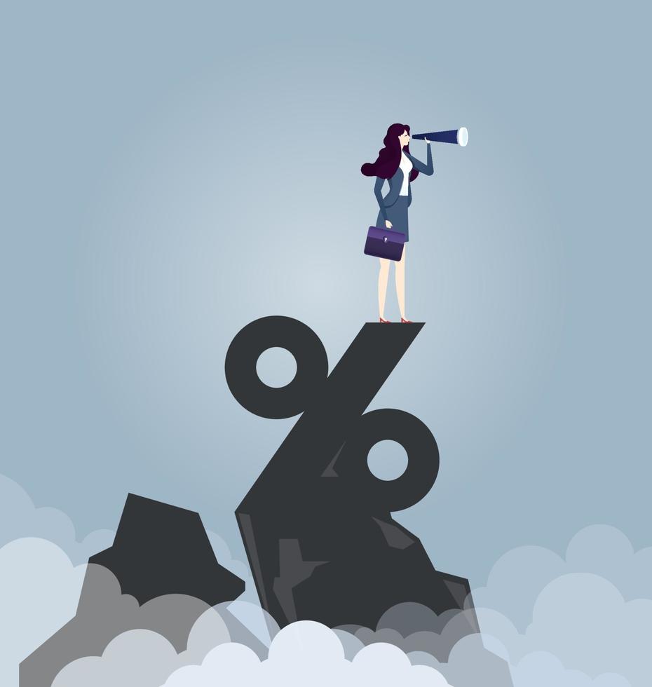 Businesswoman looking through telescope standing on top of percentage sign. Business concept vector illustration