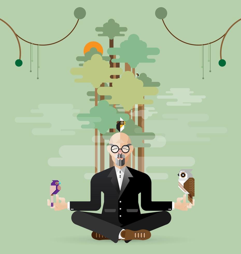 old businessman making yoga in nature vector