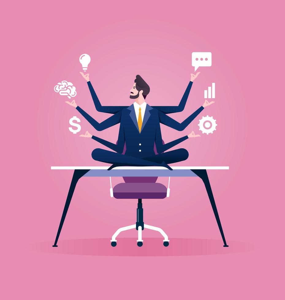 Multitasking. Businessman sitting in yoga lotus pose vector